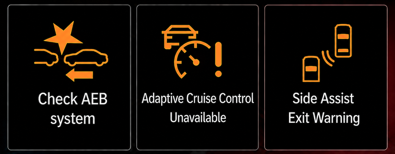 AEB, adaptive cruise control and side-assist warning indicators