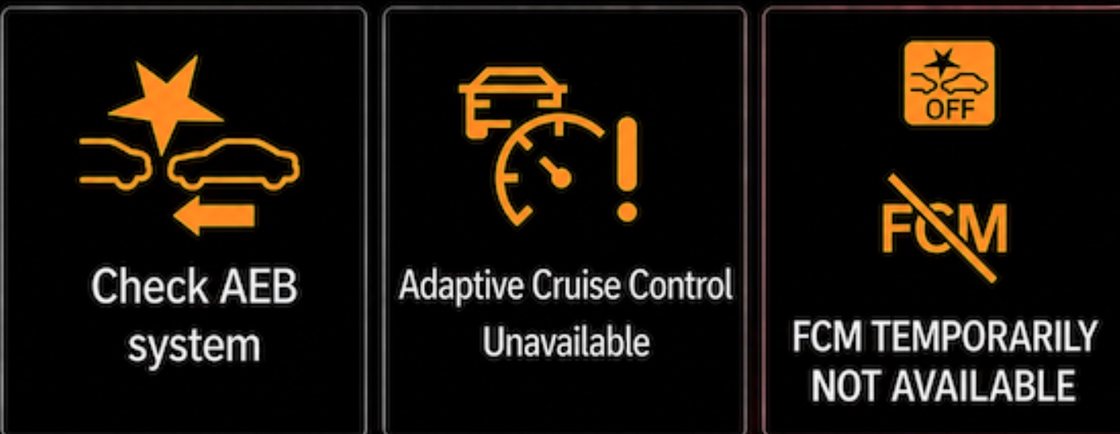 Typical ADAS warning examples including AEB, adaptive cruise, FCM, lane departure and pre-collision warnings